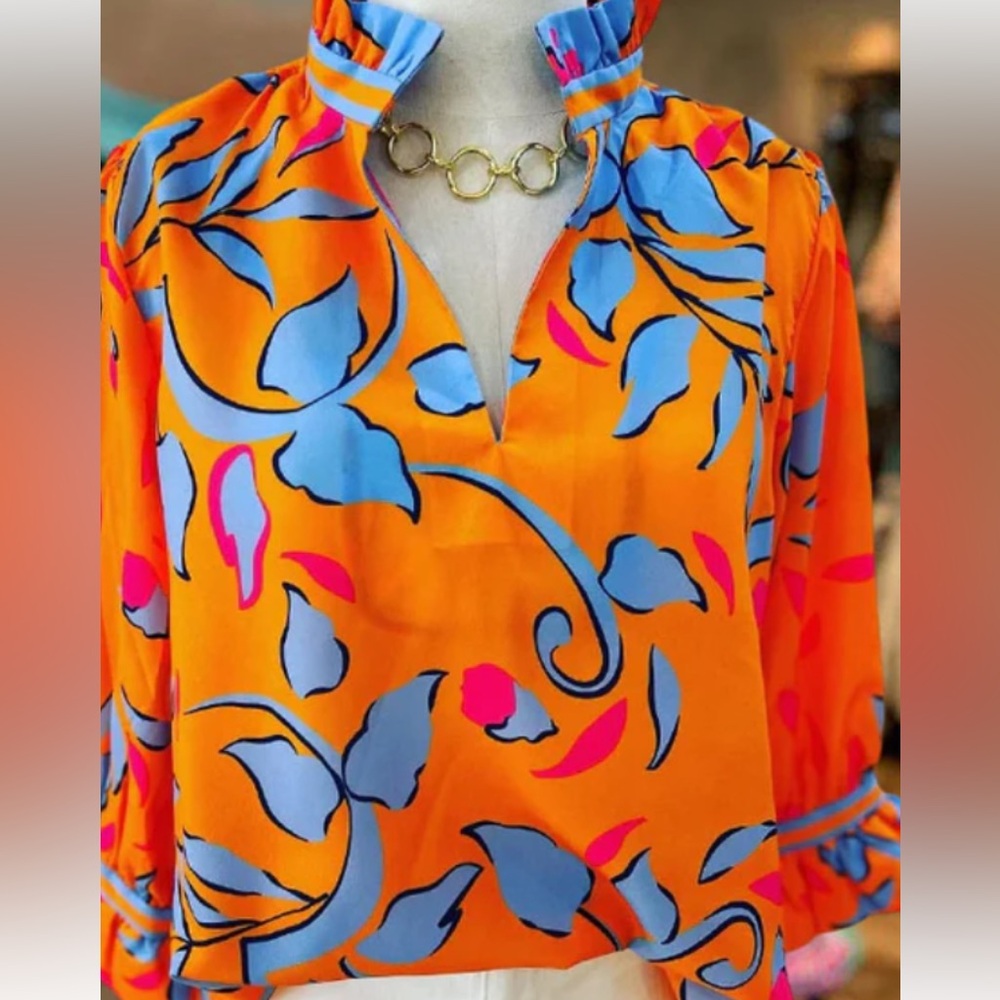 Orange Blue Floral V-Neck Blouse XL Ruffle Sleeve Lightweight Blouse